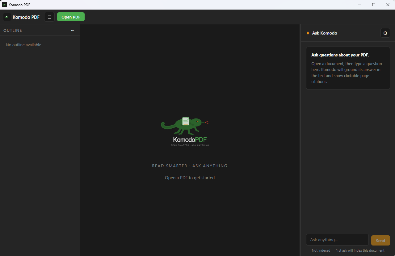 Komodo PDF showing its three-panel layout: document outline, reader, and the Ask Komodo AI panel.