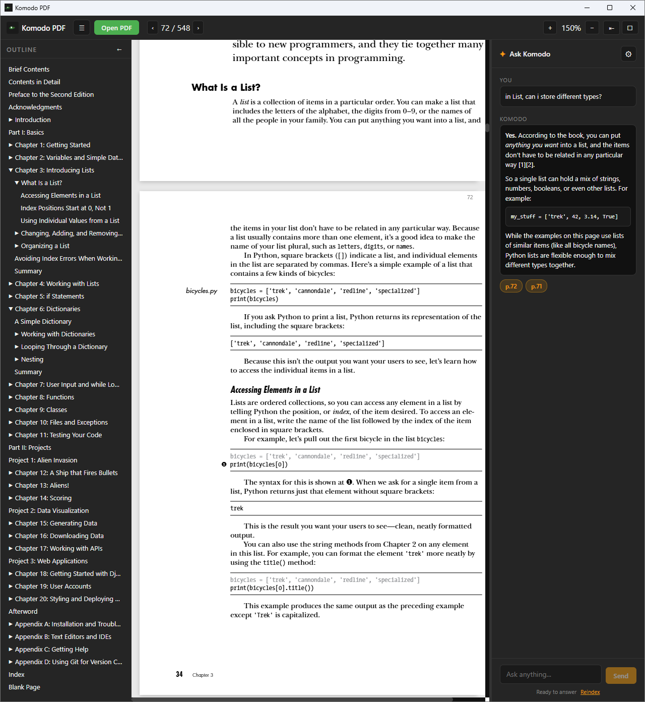 Komodo PDF with a document open in the reader and the Ask Komodo panel answering a question alongside it.